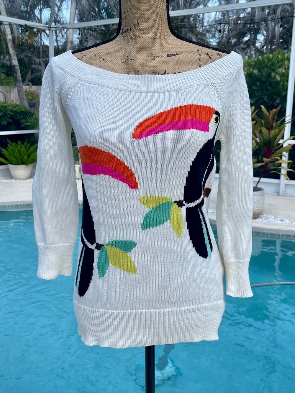 kate spade Cream Off-Shoulder Toucan Knit Sweater with Bright Accents
